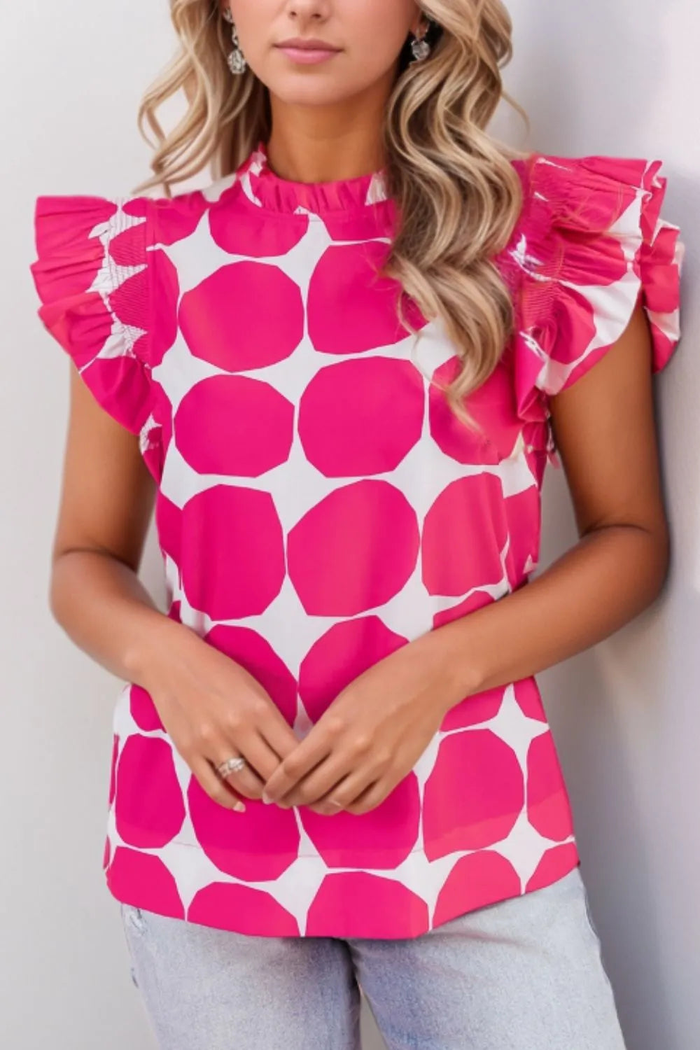 Bubblegum Pattern Frilled Collar Flutter Sleeve Top OutfitFlow