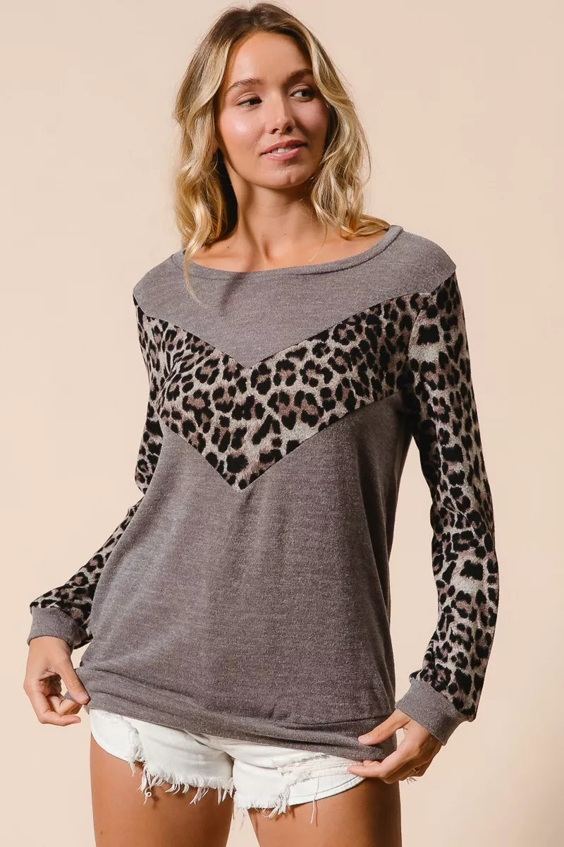 BiBi Sweater Knit Top With Leopard V Shape Block Trendsi