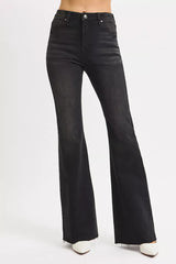 RISEN Full Size High Rise Flare Raw Cut Hem Jeans Plus Size BLACK OutfitFlow