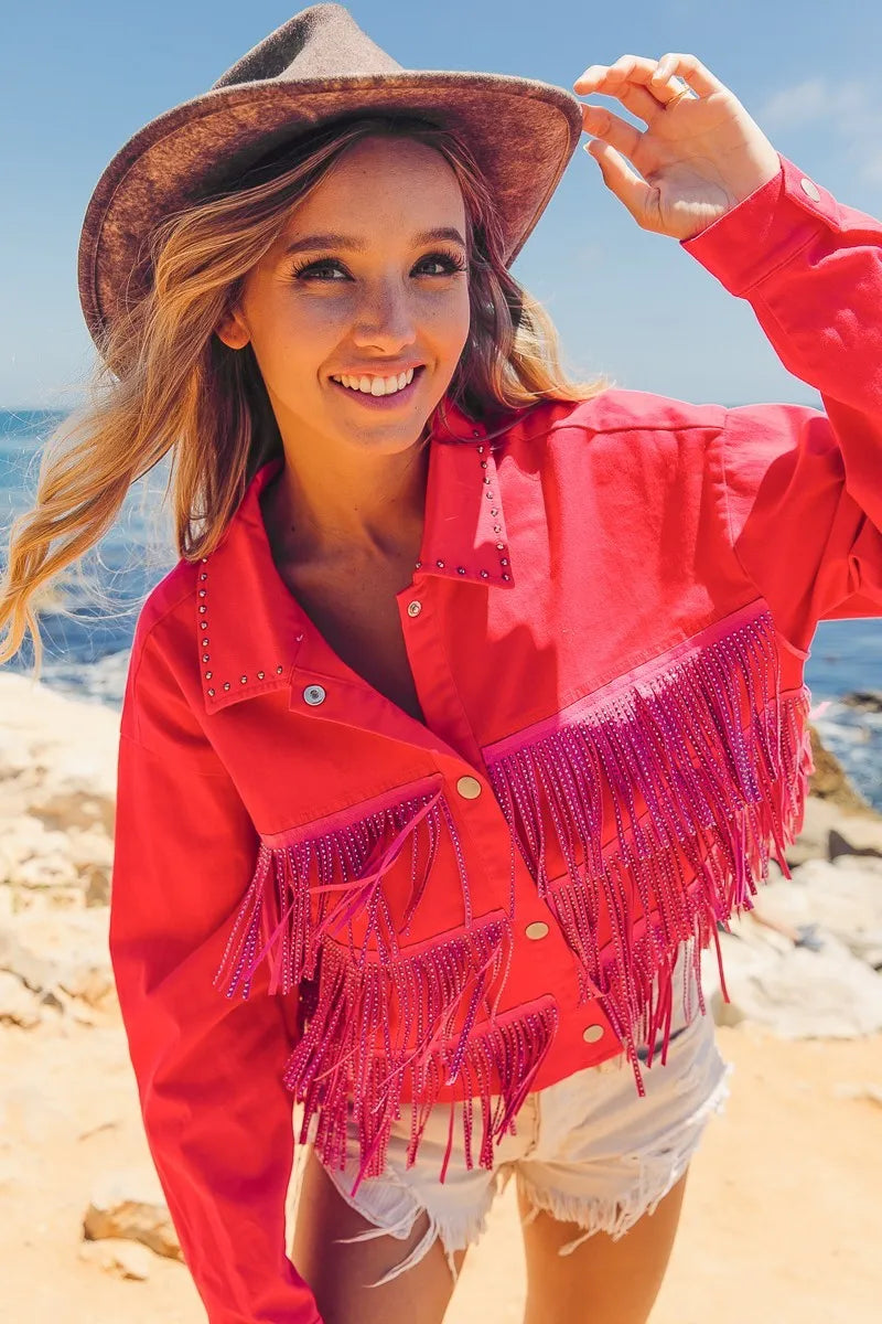 BiBi Rhinestone Fringe with Studed Collar Jacket OutfitFlow