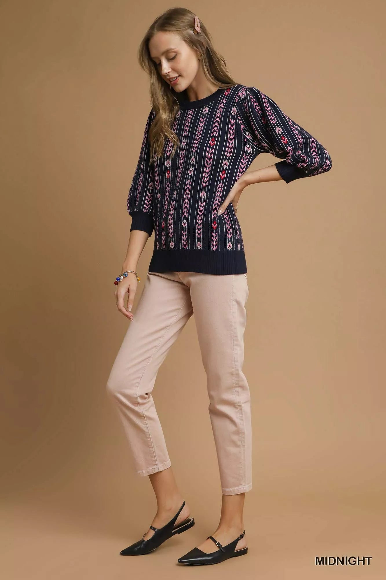 Umgee Jacquard Knit Puff Sleeve Sweater OutfitFlow