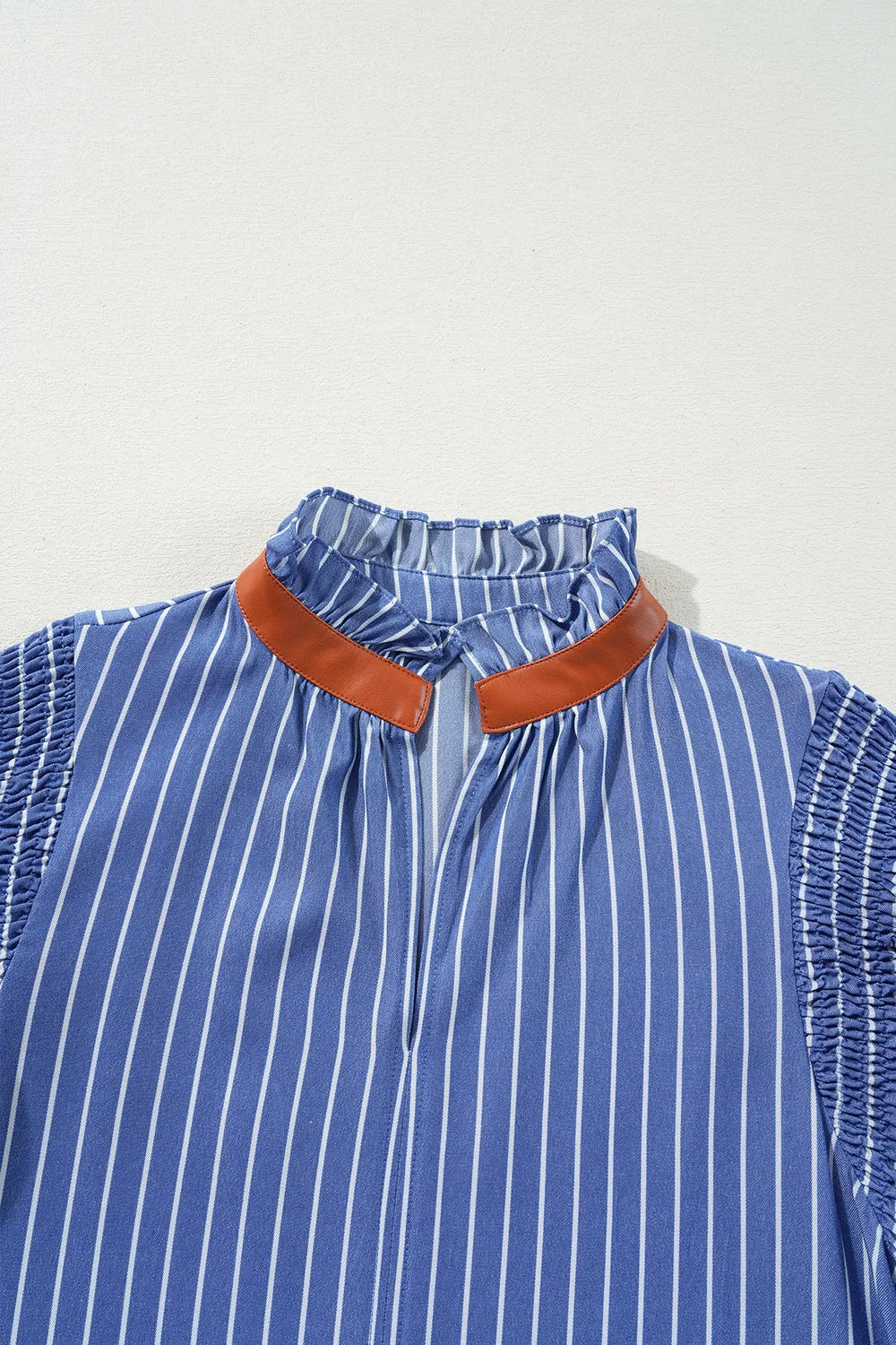 Stripe Frilly Split Neck Shirred Ruffle Sleeve Short Shift Dress OutfitFlow