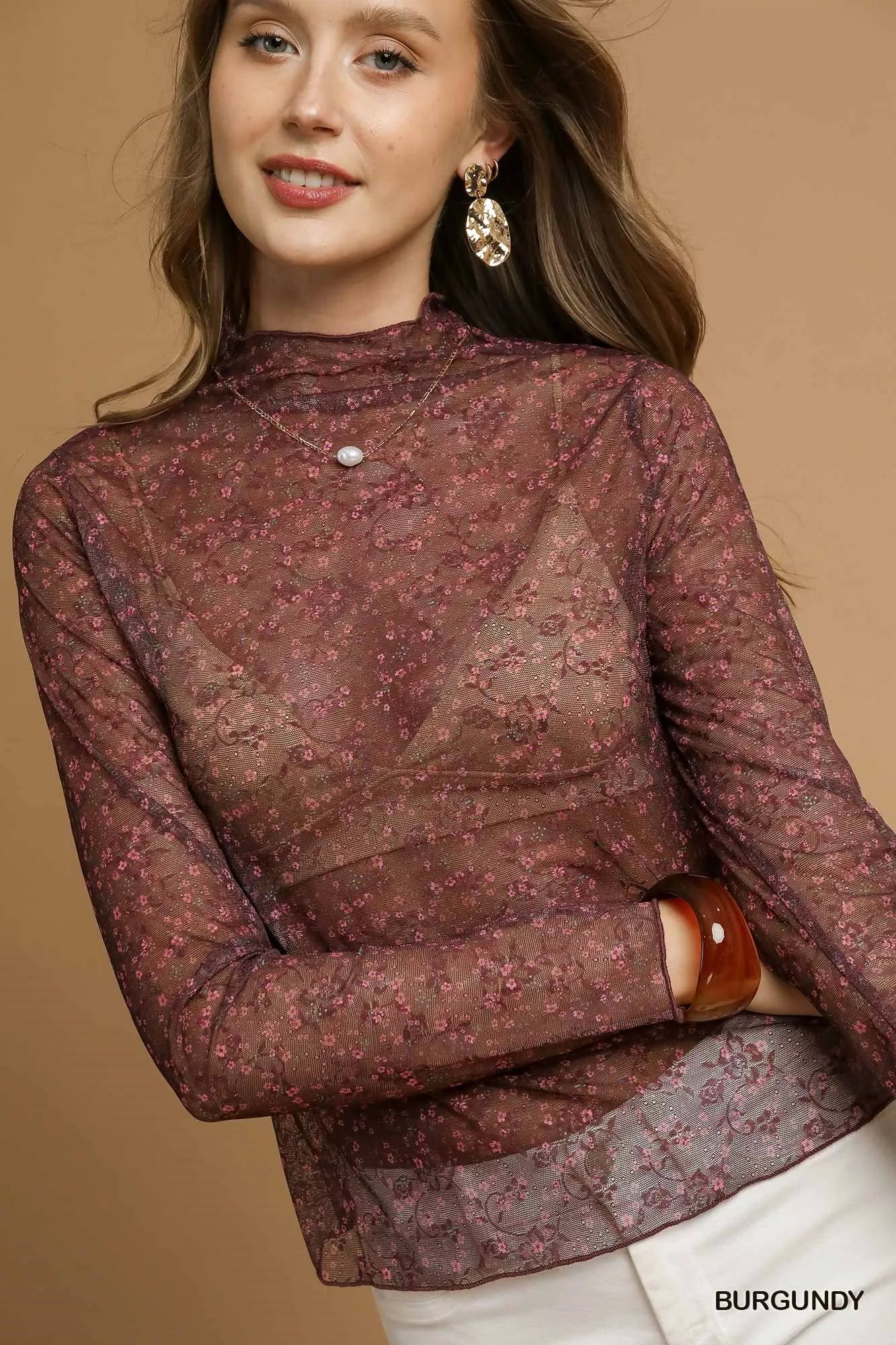 Umgee Nylon Lace Mesh Long Sleeve Top OutfitFlow