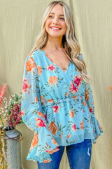 And The Why Floral Print Draw String Bell Sleeve Top SKY BLUE OutfitFlow