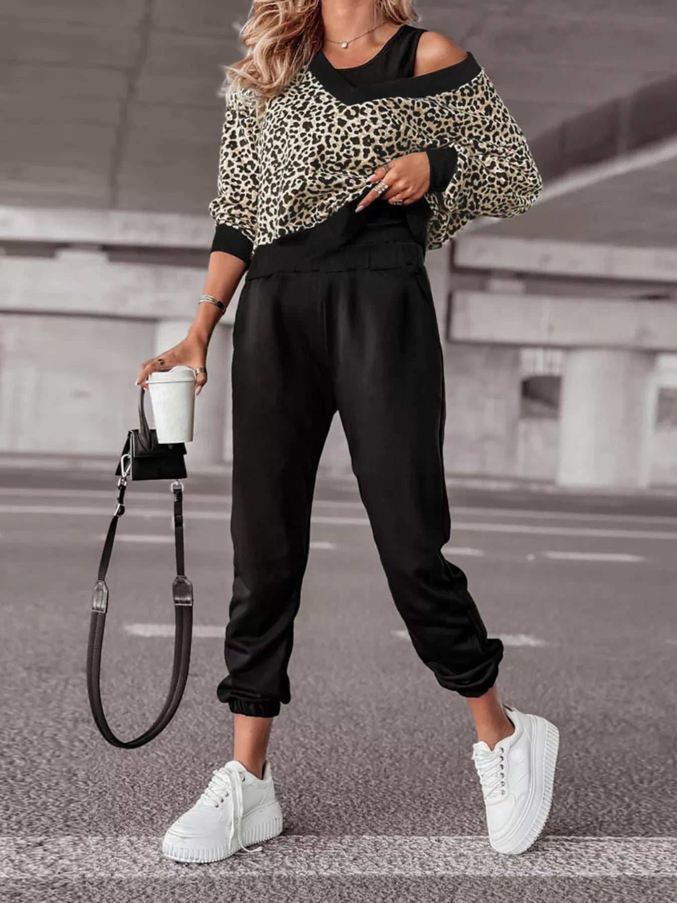 Leopard Print Sweatshirt and Jogger Set OutfitFlow
