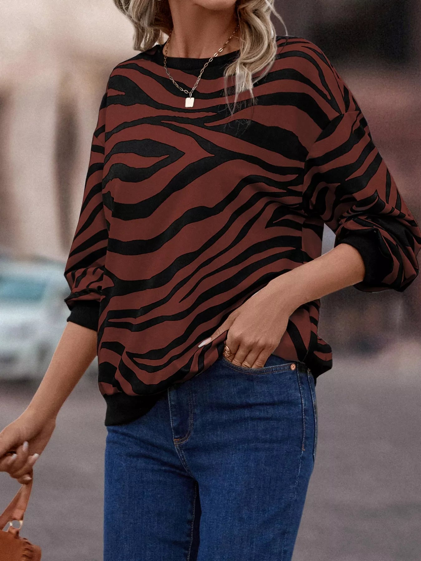 Zebra Print Round Neck Casual Sweatshirt Brown OutfitFlow