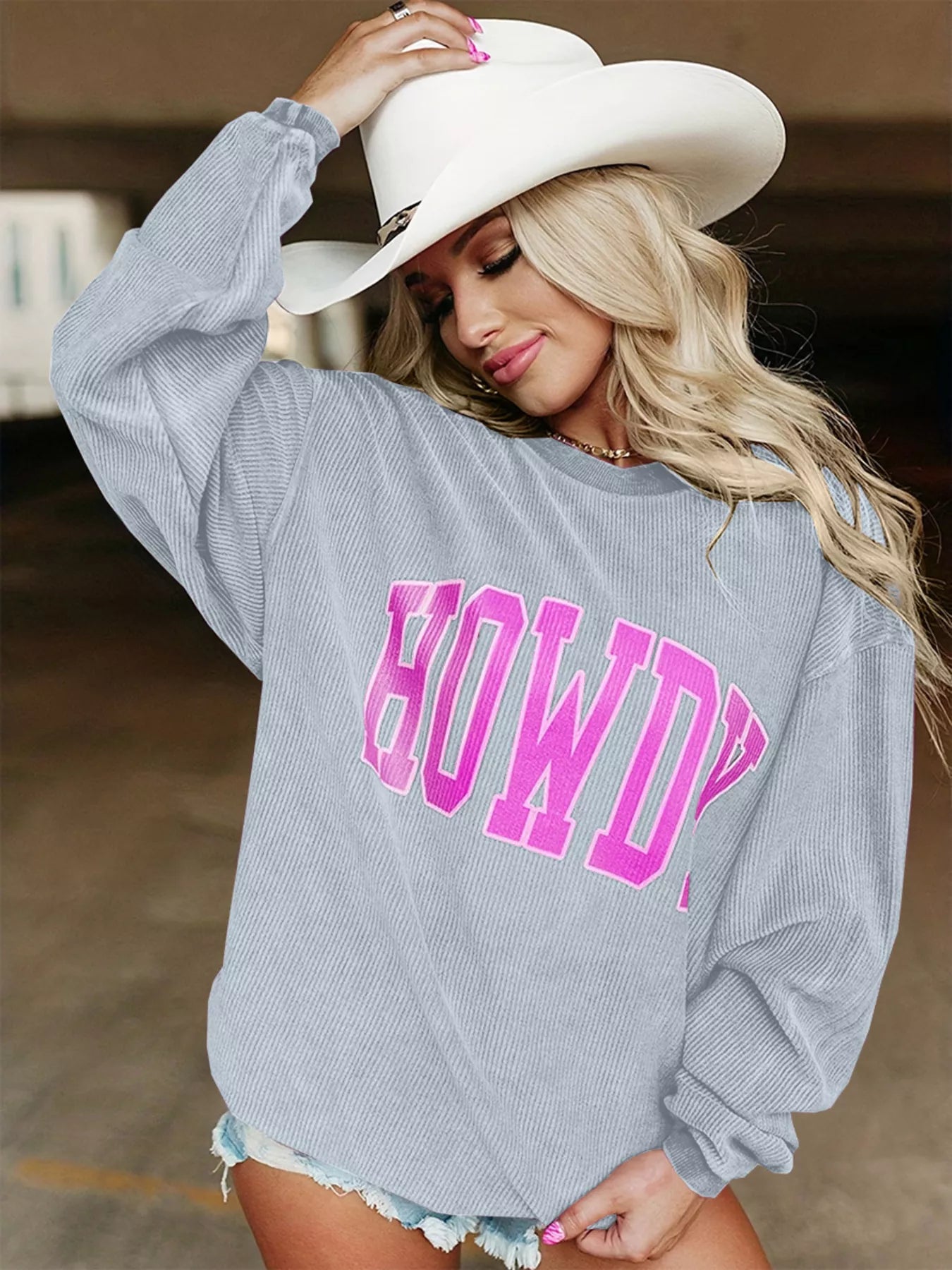 Full Size Howdy Round Neck Oversized Sweatshirt Plus Size Silver OutfitFlow