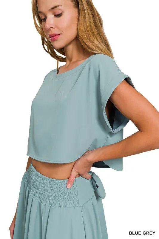Zenana Heavy Woven Span Crop Tee & Skirt Set OutfitFlow