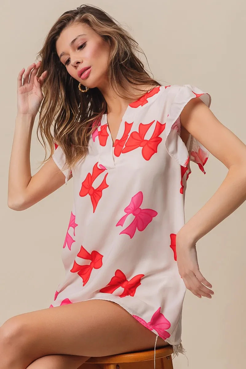 BiBi Bow Printed Woven Ruffled Sleeves V Neck Top OutfitFlow