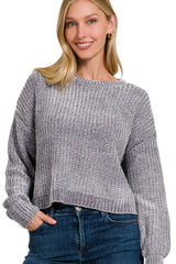 Zenana Chenille Round Neck Crop Sweater H GREY OutfitFlow