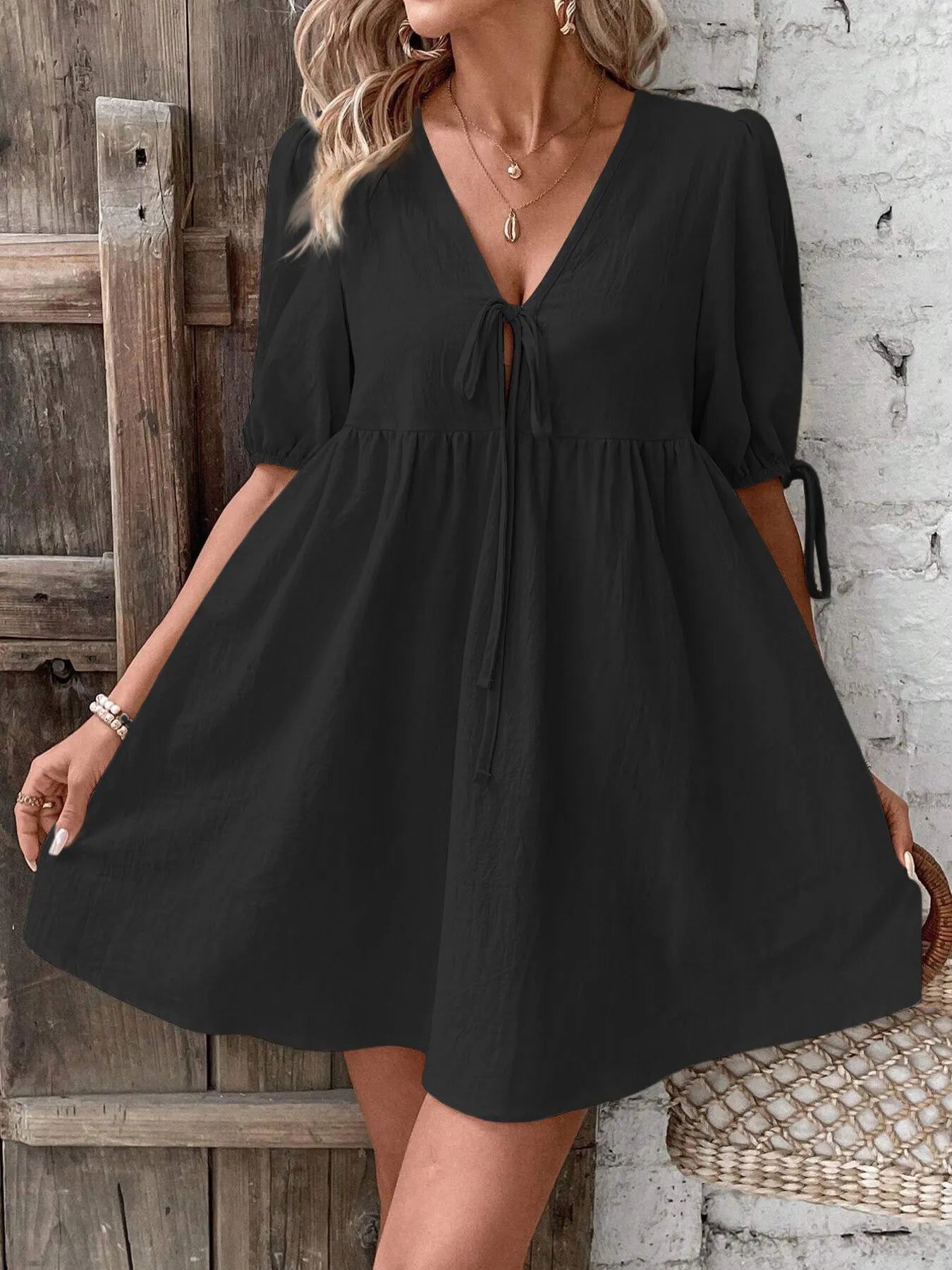 V-Neck Tie-Front Mini Dress with Puff Sleeves OutfitFlow