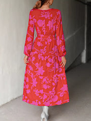 Printed V-Neck Balloon Sleeve Dress OutfitFlow