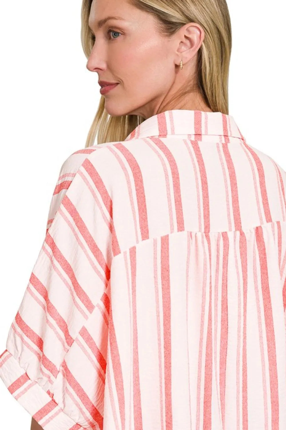 Zenana Woven Yarn-Dye Stripe Oversized Button Down Shirt OutfitFlow