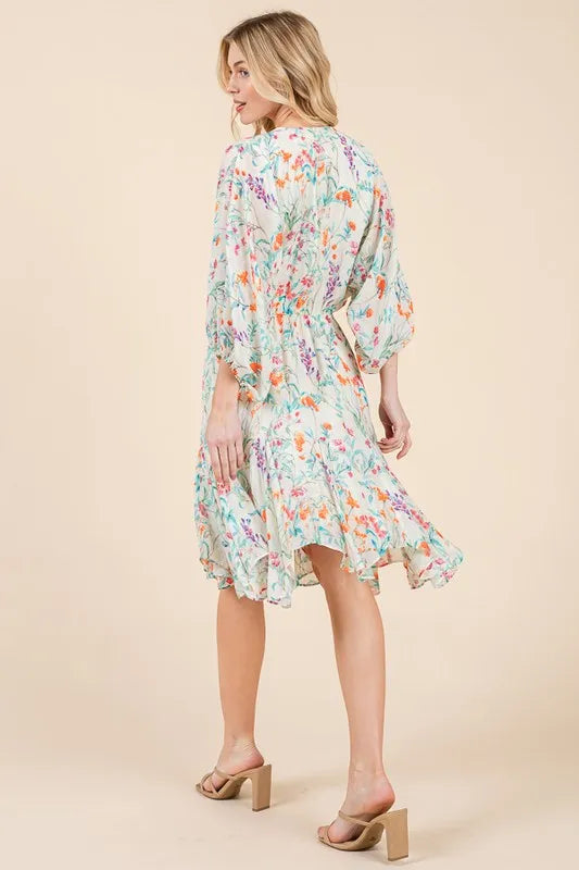Lime 'N' Chili Floral Cinched Waist Balloon Sleeve V-Neck Dress OutfitFlow
