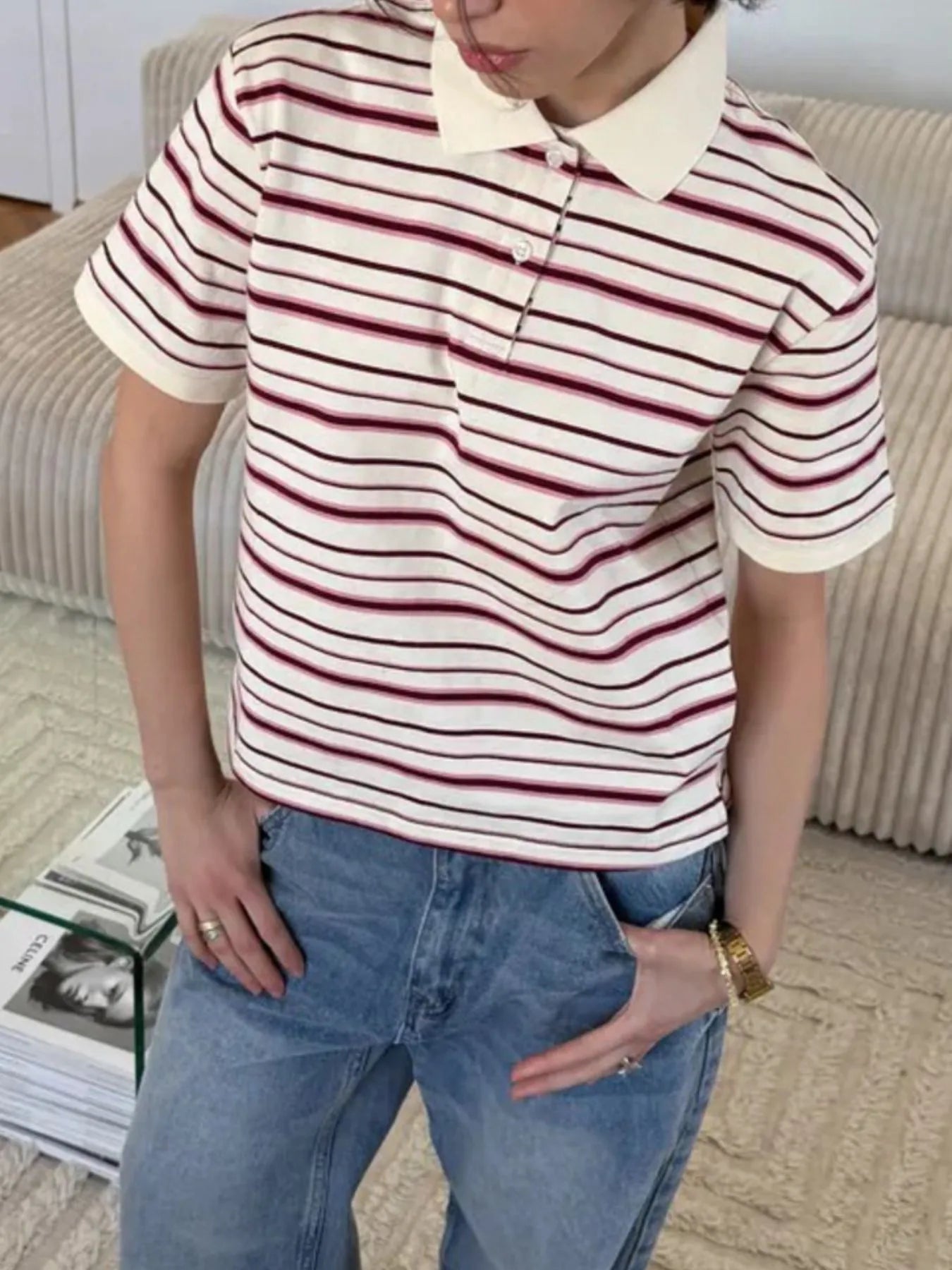 Striped Polo T-Shirt with Contrast Collar OutfitFlow