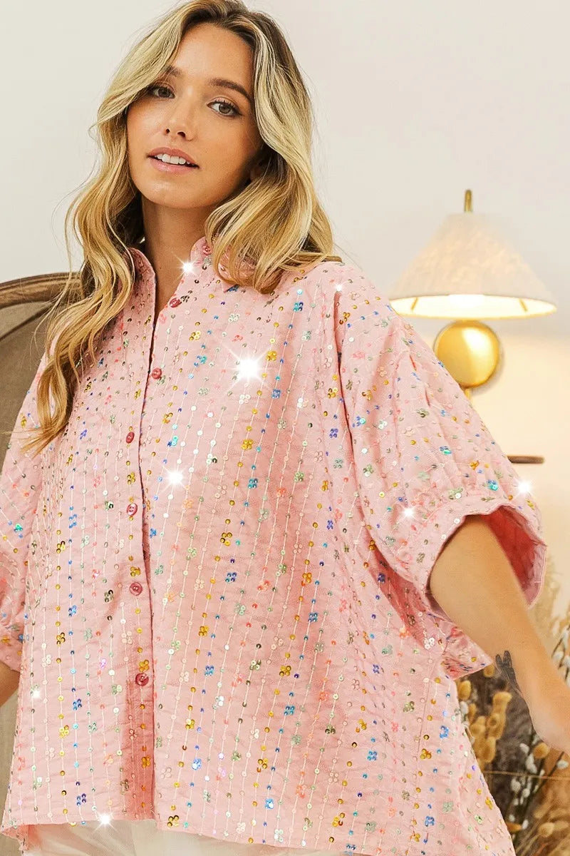 BiBi Sequin Striped Short Dolman Sleeve Blouse OutfitFlow