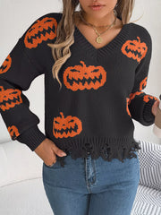 Halloween Pumpkin Pattern Raw Hem V-Neck Sweater OutfitFlow