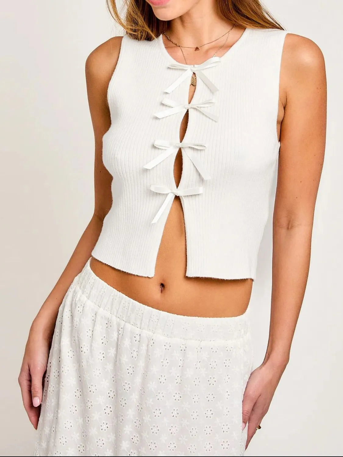 Bow Round Neck Cropped Tank OutfitFlow