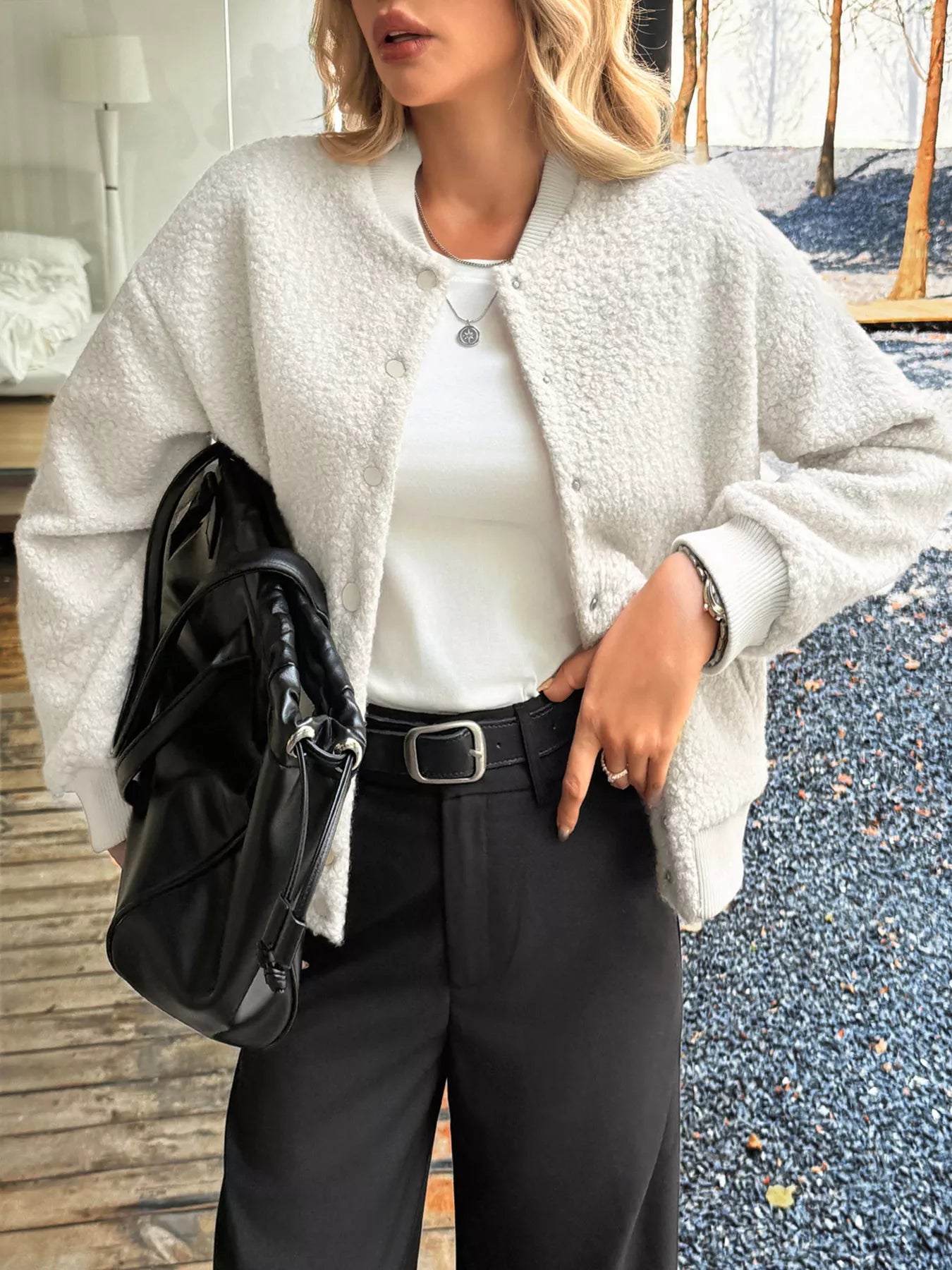 Snap Down Dropped Shoulder Jacket Ivory OutfitFlow