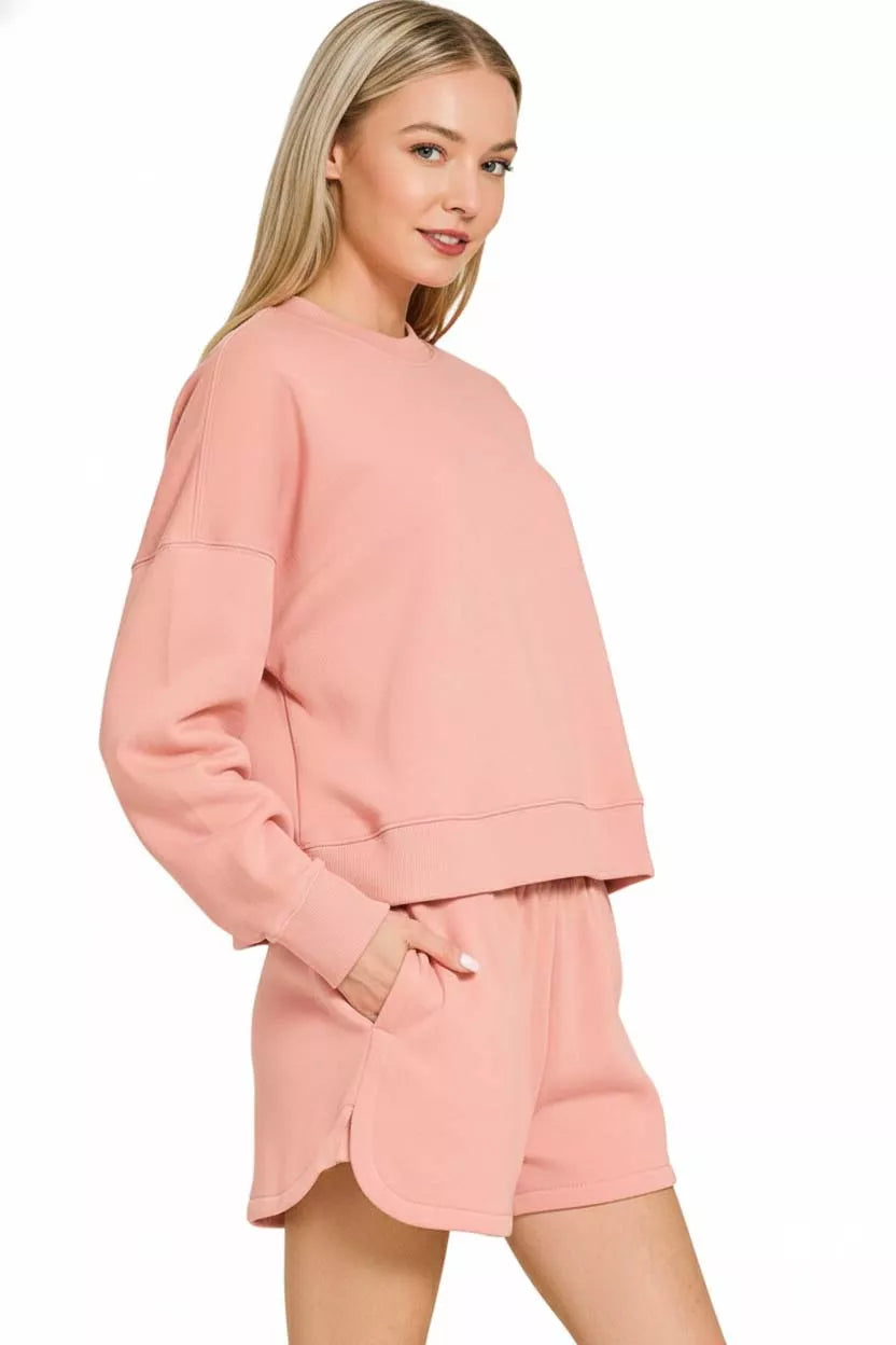 Zenana Fleece Long Sleeve Sweatshirts and Shorts Set Trendsi