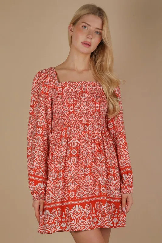 VERY J Printed Smocked Chest Boho Mini Dress OutfitFlow