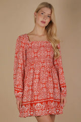 VERY J Printed Smocked Chest Boho Mini Dress OutfitFlow