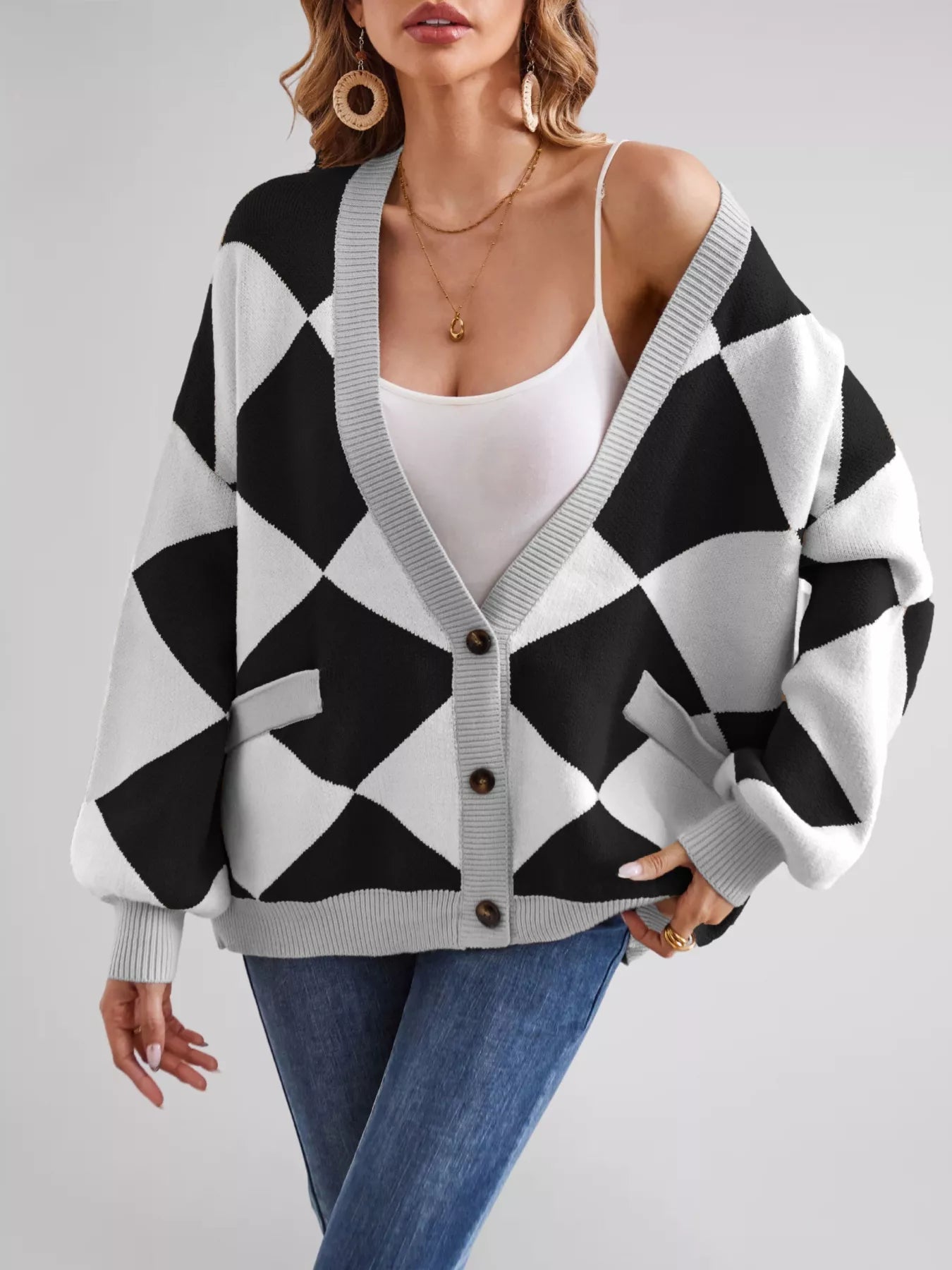 Diamond Pattern Button-Up Knit Cardigan Black And White OutfitFlow