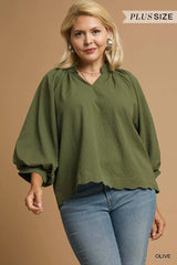 Umgee Full Size Textured Notched Balloon Sleeve Blouse Plus Size OutfitFlow