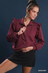 Umgee Luxeknit Ruffle Shoulder Quarter-Zip Sweatshirt Trendsi