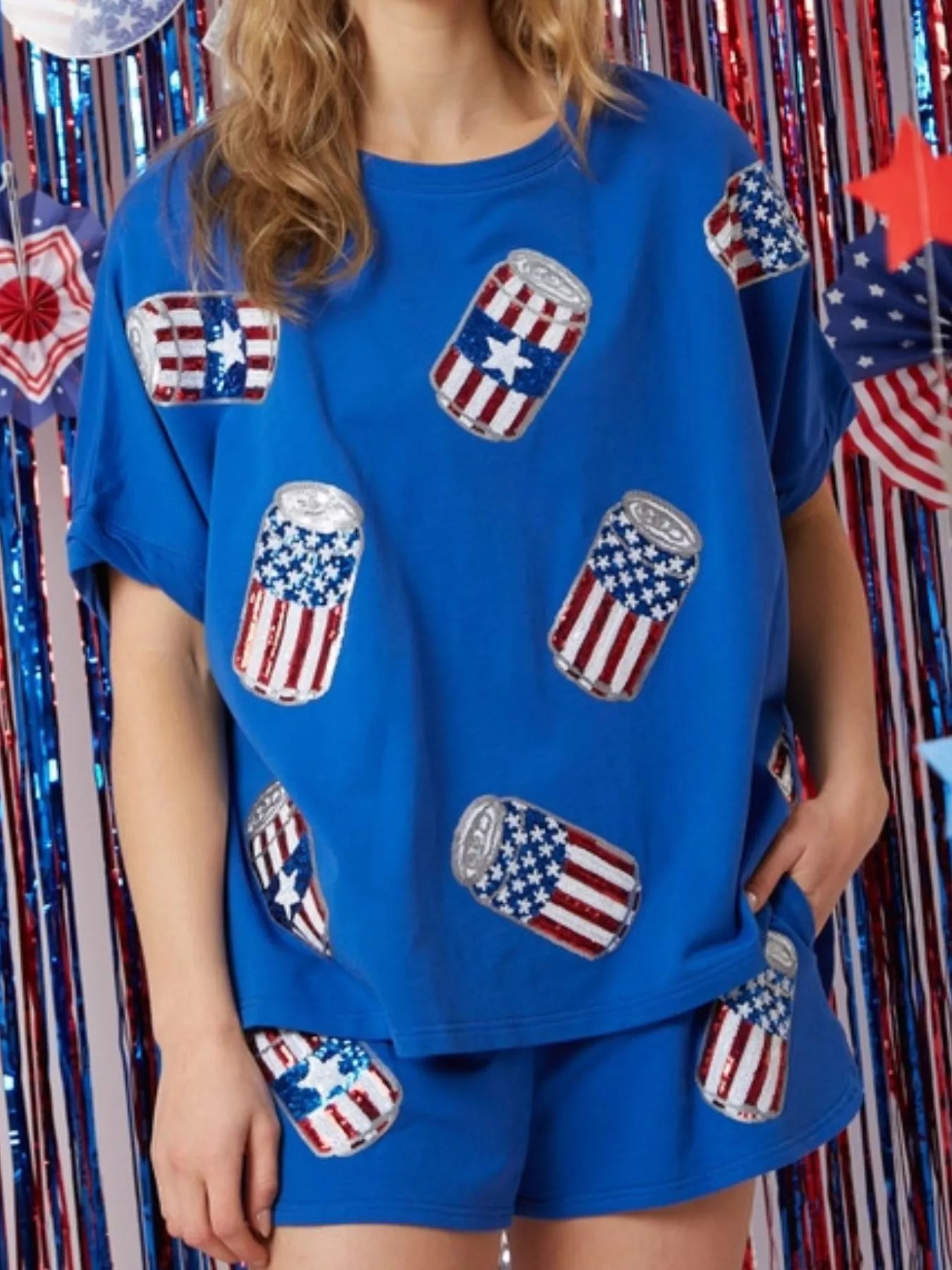 Sequin High-Low Top and Shorts Set Royal Blue OutfitFlow