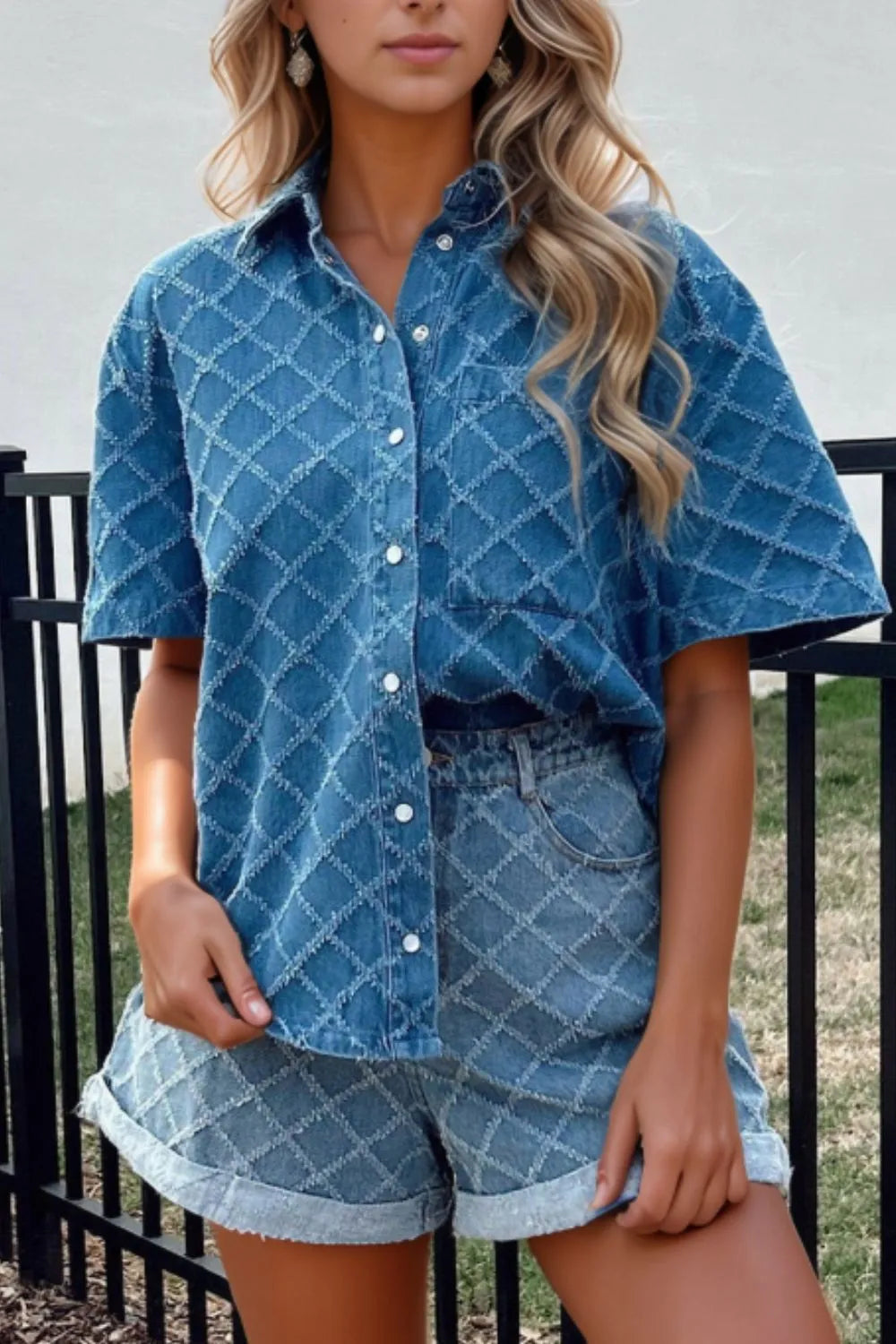 Pocketed Collared Neck Short Sleeve Denim Shirt OutfitFlow