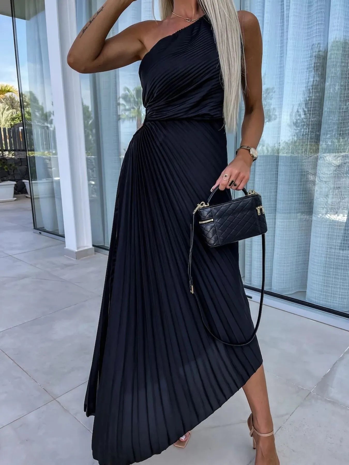 Full Size Single Shoulder Pleated Midi Dress Plus Size OutfitFlow