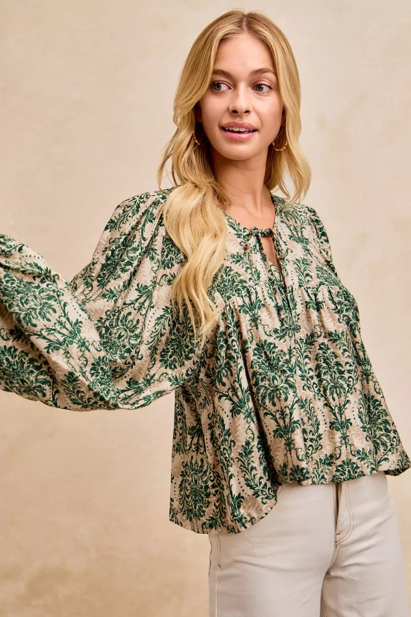 BiBi Printed Woven Front Tied Blouse with Baloon Sleeve OutfitFlow