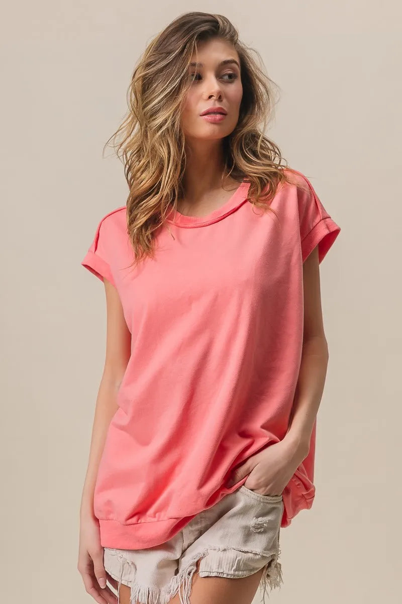 BiBi French Terry Drop Shoulder Basic Top OutfitFlow