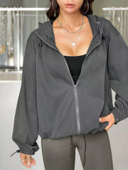 Drawstring Zip Up Hooded Jacket Black OutfitFlow