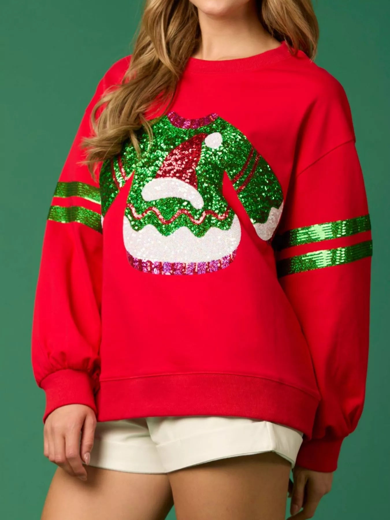Christmas Sequin Santa Hat Holiday Sweatshirt OutfitFlow