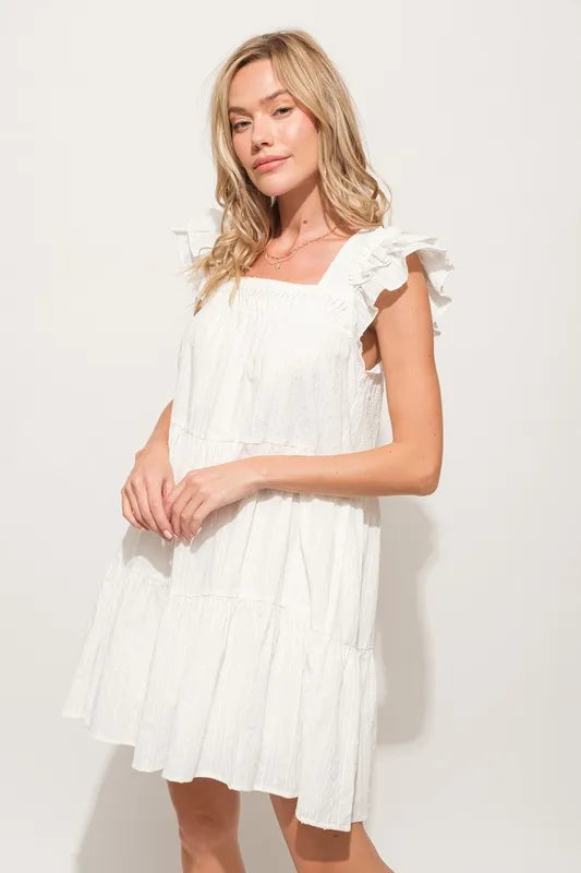 And The Why Origami Pleating Ruffled Sleeve Tiered Dress OutfitFlow