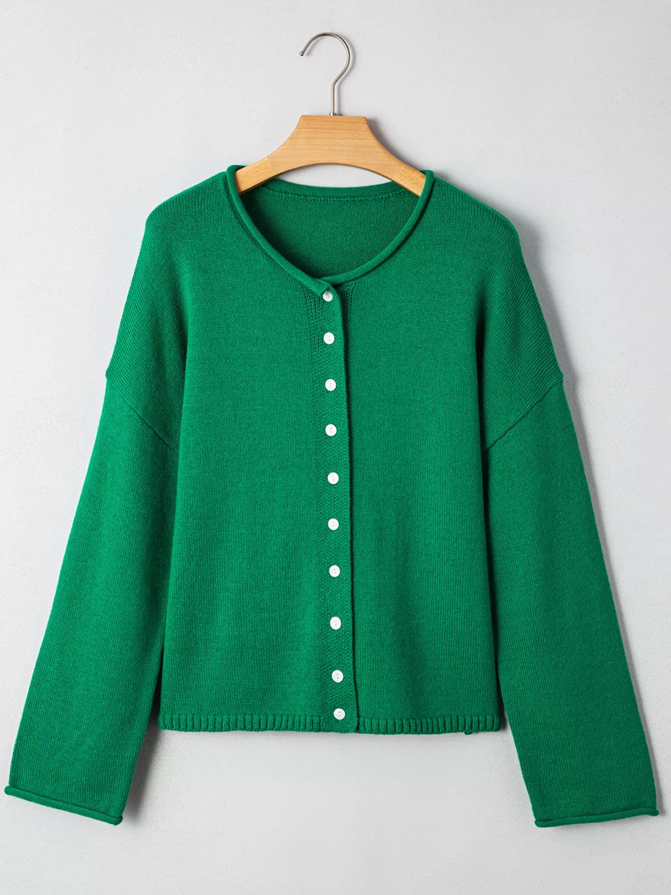 Solid Color Knit Button Drop Shoulder Sweater Cardigan OutfitFlow