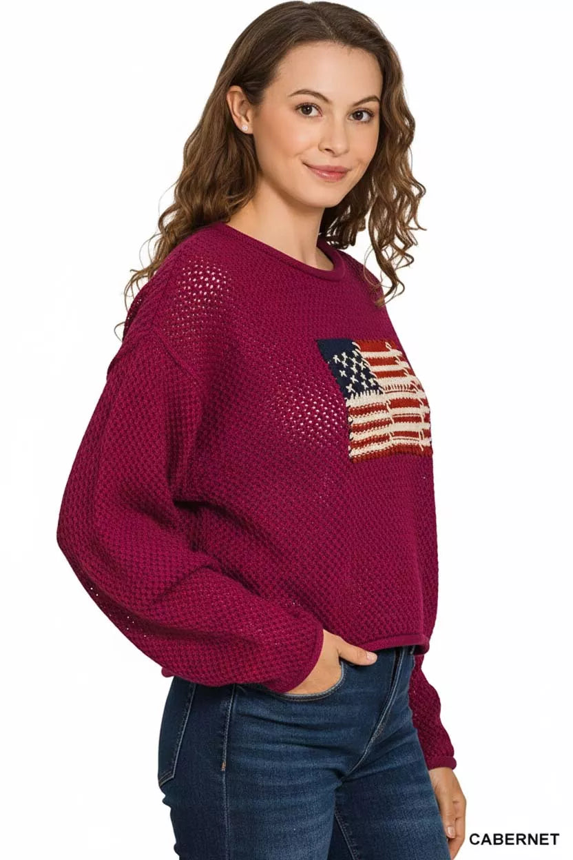Zenana American Flag Crew Neck Sweater OutfitFlow