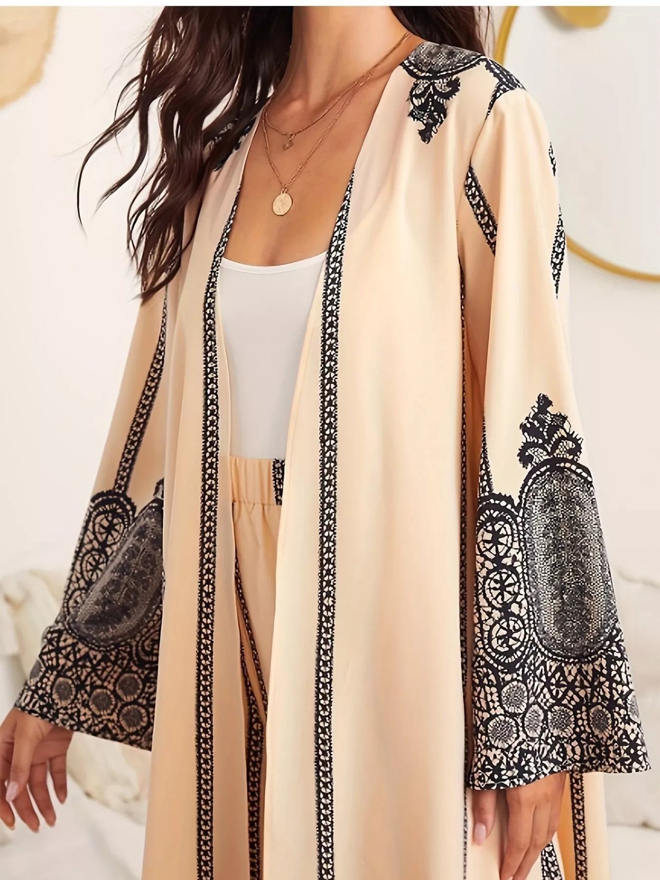 Printed Open Front Long Sleeve Cardigan & Pants Set OutfitFlow