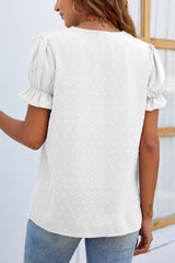 Mandy Swiss Dot Lace Detail V-Neck Short Sleeve Blouse