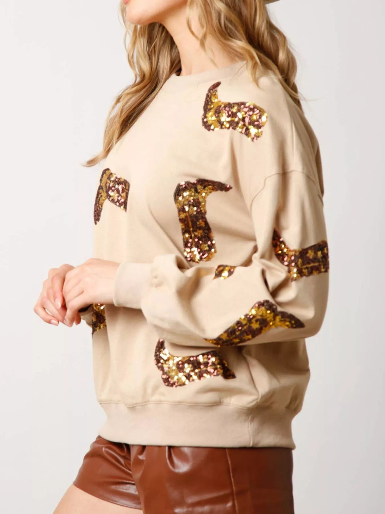Sequin Boot Crewneck Sweatshirt OutfitFlow