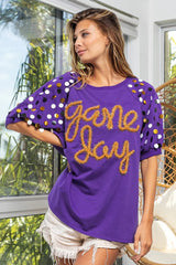 BiBi Game Day Metallic Letter Spangle Sleeve Top PURPLE GOLD OutfitFlow