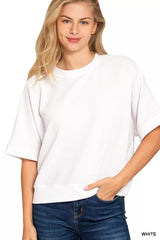 Zenana Double Knit Banded Bottom Short Sleeve Top WHITE OutfitFlow