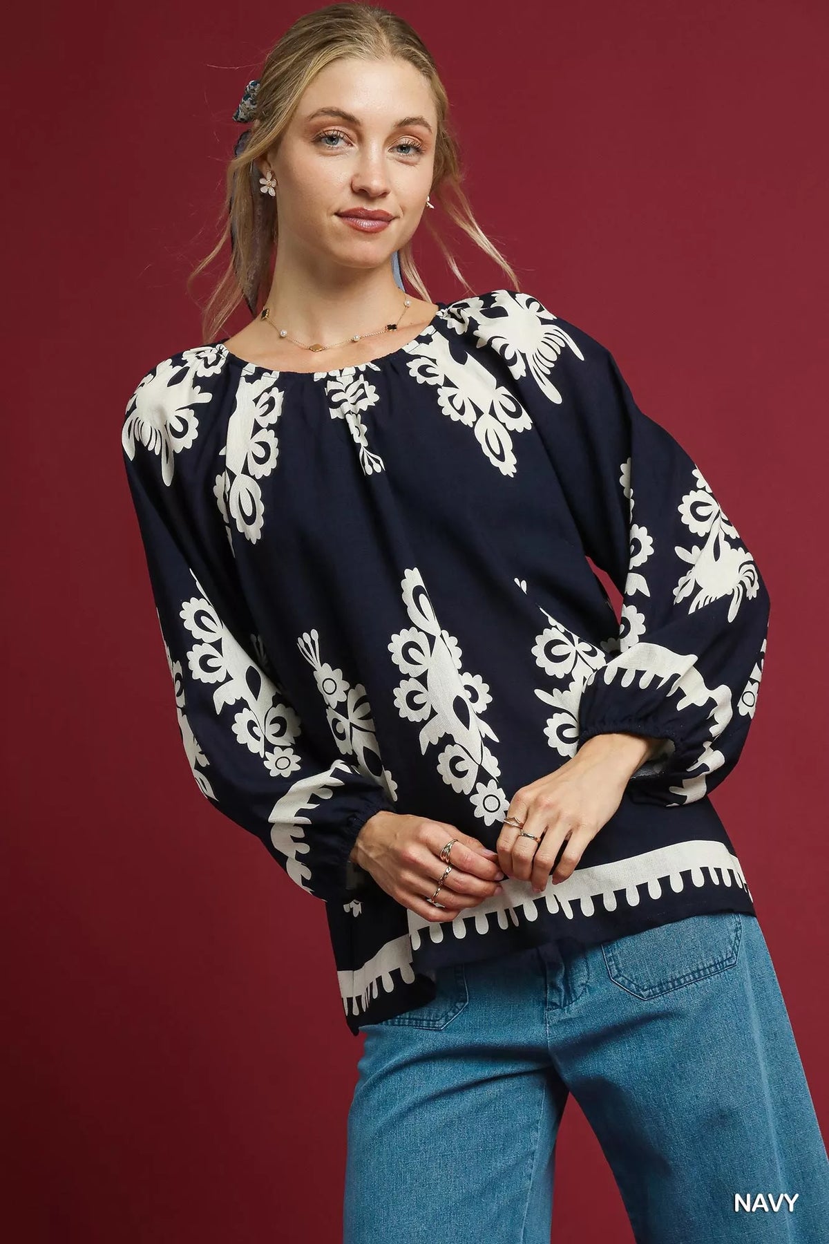 Umgee Two Tone Border Print Top with Balloon Sleeves Navy Trendsi