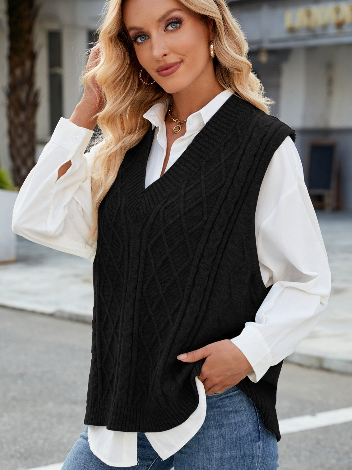 Outfit Flow - Cable Knit V-Neck Sweater Vest