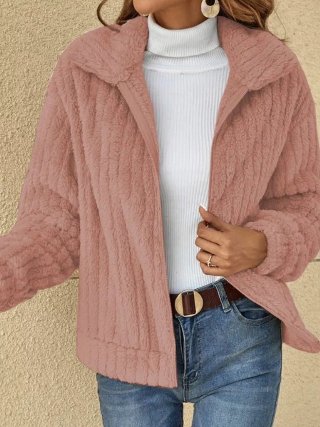 Full Size Zip-Up Long Sleeve Texture Jacket Plus Size OutfitFlow
