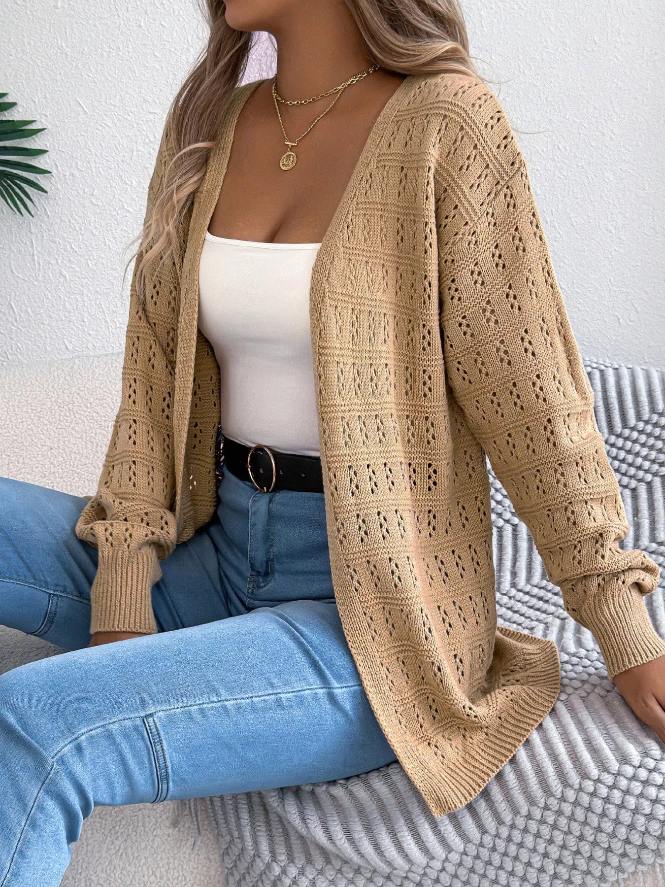 Open-Front Crochet Knit Cardigan Khaki OutfitFlow