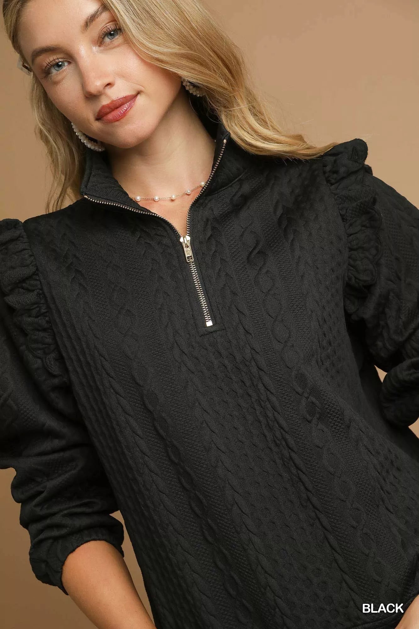 Umgee Cable Knit Textured Pullover with Ruffle Shoulders OutfitFlow