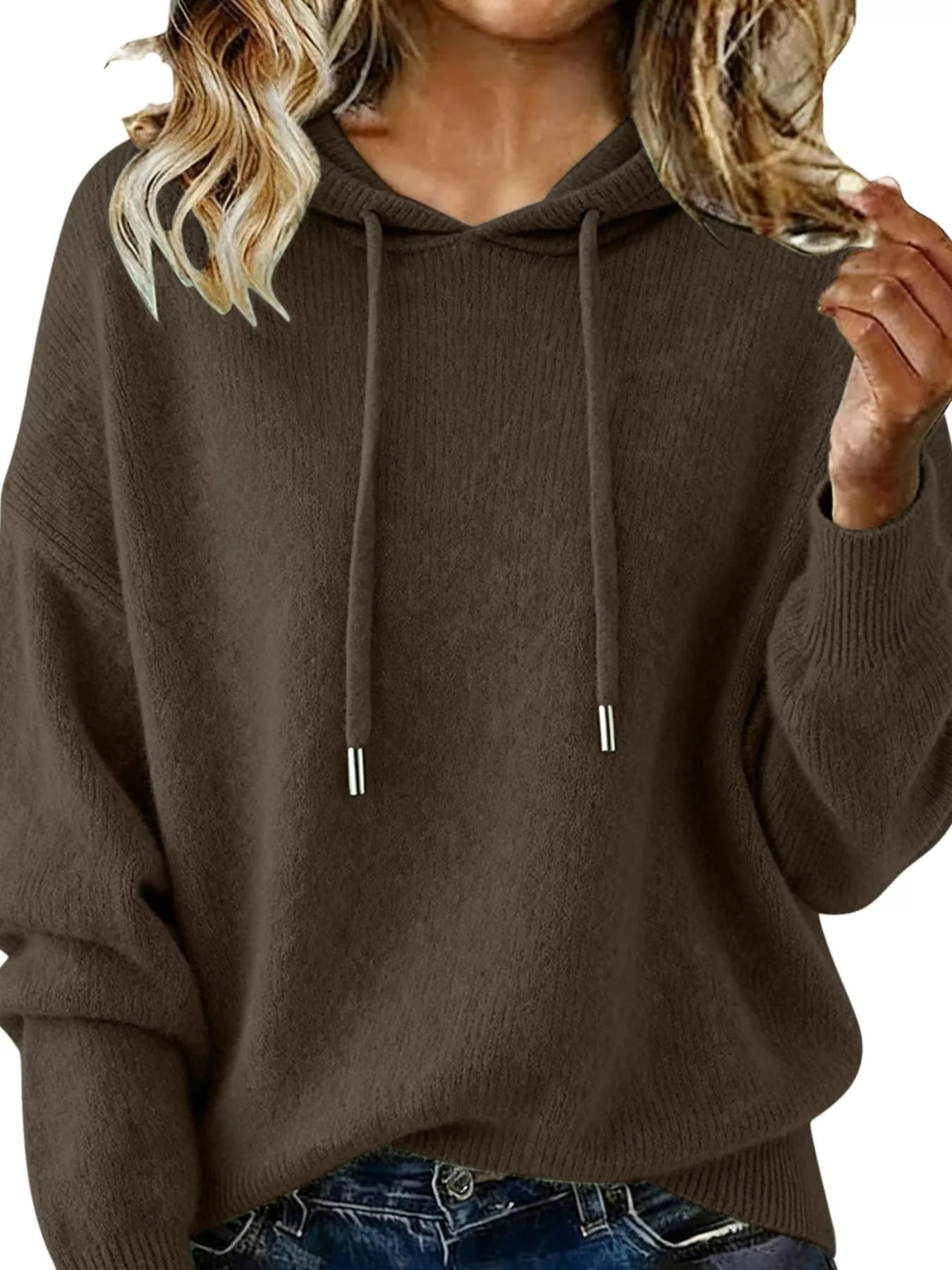 Drawstring Long Sleeve Hooded Sweater Coffee Brown Trendsi